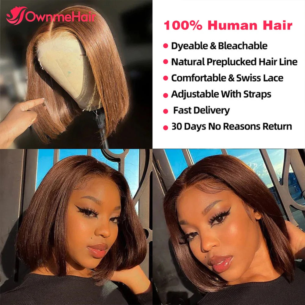 Chocolate Brown Transparent Lace Frontal Wig 13x5x2 T Part Lace Brazilian Hair Wigs For Women Lace Wig Pre Plucked Short Bob Wig