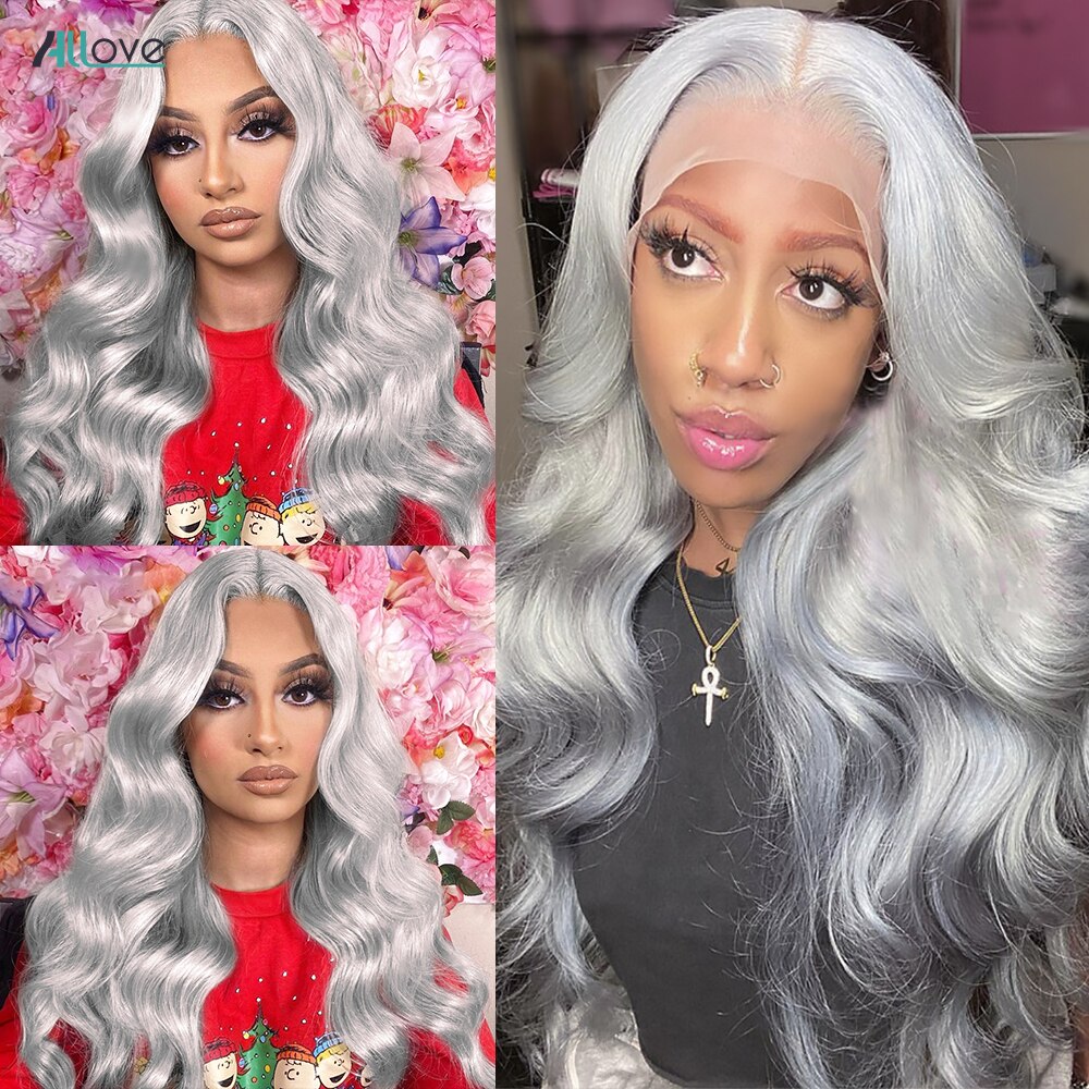 Allove Grey Lace Front Wig Human Hair 13x4 Body Wave Lace Front Human Hair Wigs PrePlucked Brazilian Colored Hair Wigs For Women