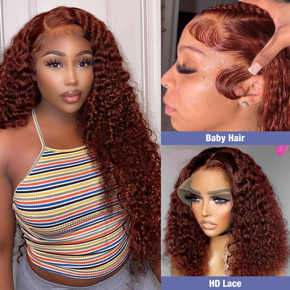 Reddish Brown Jerry Curly 13x4 Lace Front Wig 100% Remy Human Hair Wigs PrePlucked Hairline 13x6 HD Transparent Lace Frontal Wig