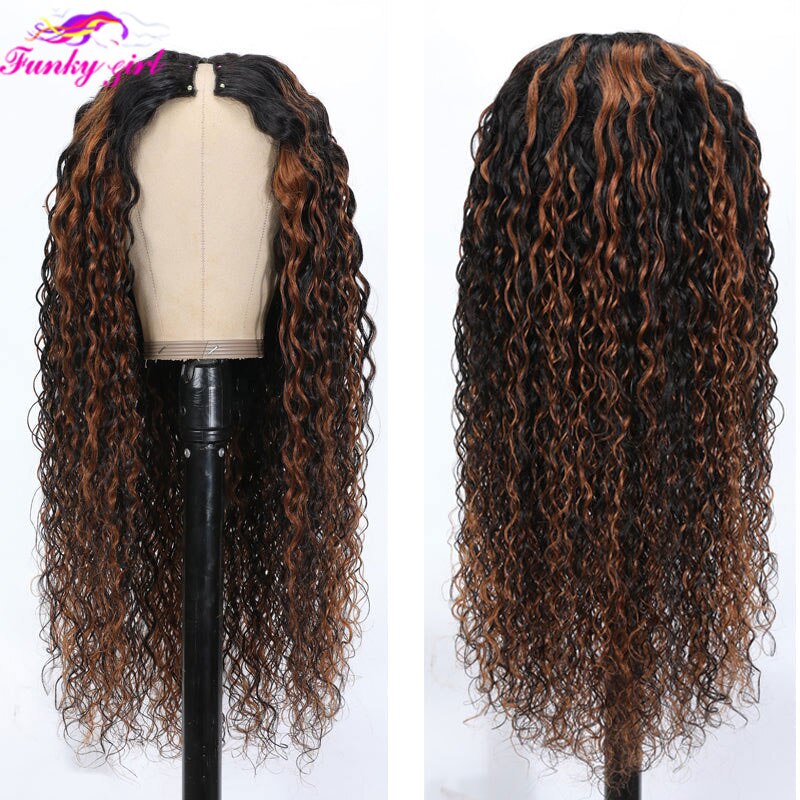 Highlight Wig Water Wave Human Hair Wigs V Part Wig Curly Human Hair For Women Brazilian Virgin Hair Glueless Machine Made Wig