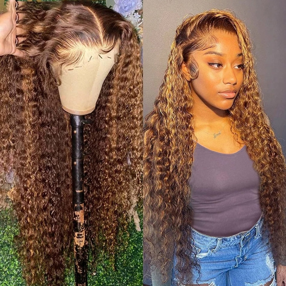 30 Inch Highlight Honey Brown Curly Lace Front Human Hair Wigs 13x6 13x4 Remy Ombre Colored Deep Wave Lace Frontal Wig For Women